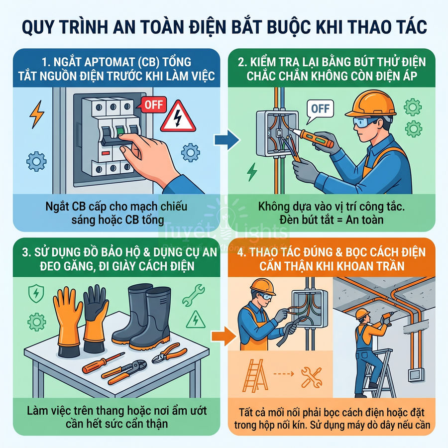 Hướng dẫn quy trình an toàn điện khi thao tác với aptomat, bút thử điện, đồ bảo hộ và khoan trần