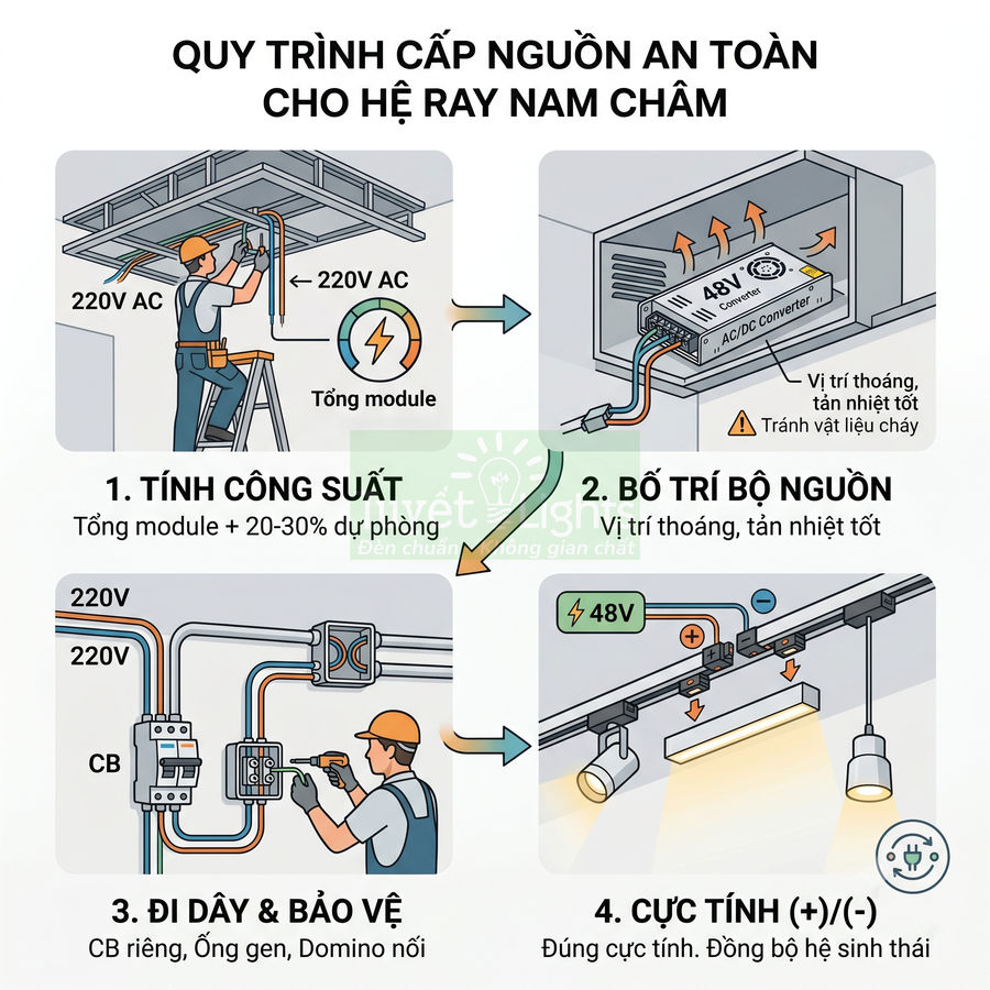Quy trình lắp đặt và cấp nguồn an toàn cho hệ ray đèn nam châm 48V trong nhà