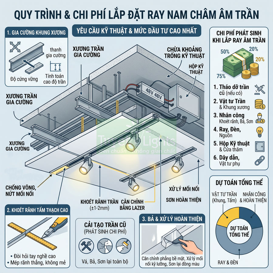Quy trình lắp đặt ray đèn nam châm âm trần với xương trần gia cường và chi phí thi công chi tiết