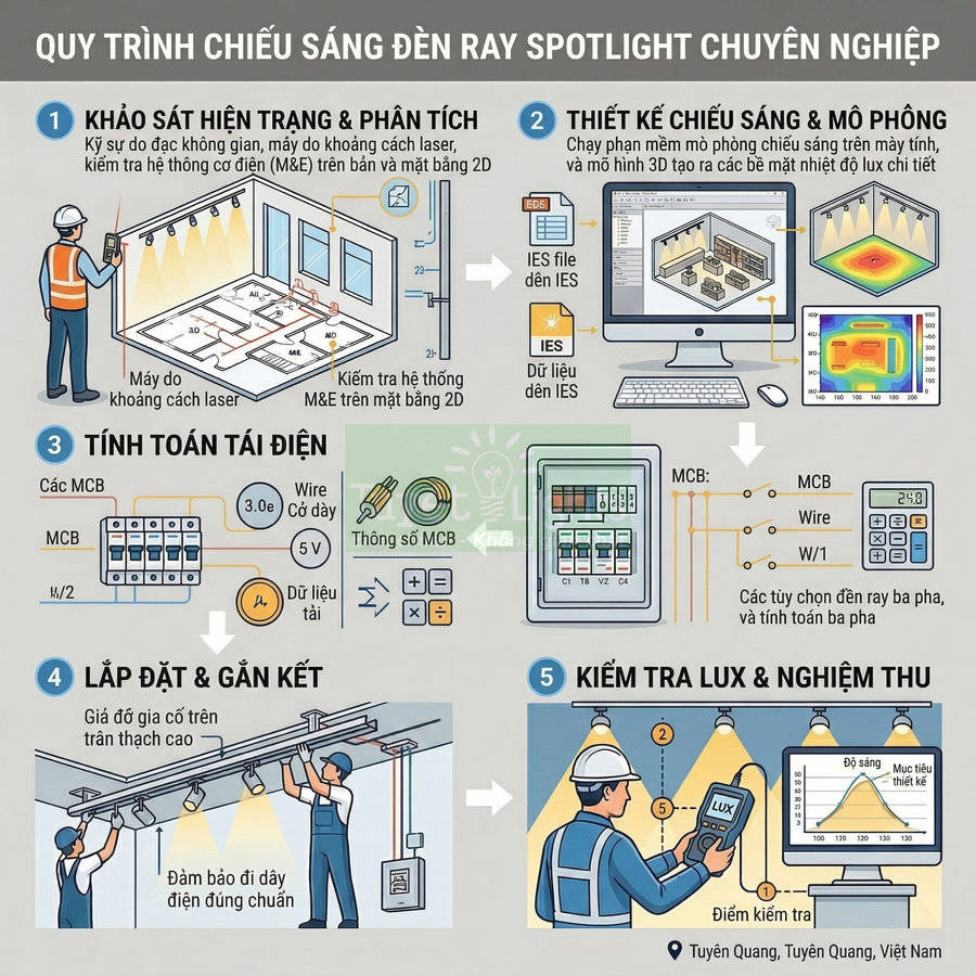 Quy trình khảo sát thiết kế lắp đặt và kiểm tra hệ thống đèn ray spotlight chiếu sáng chuyên nghiệp