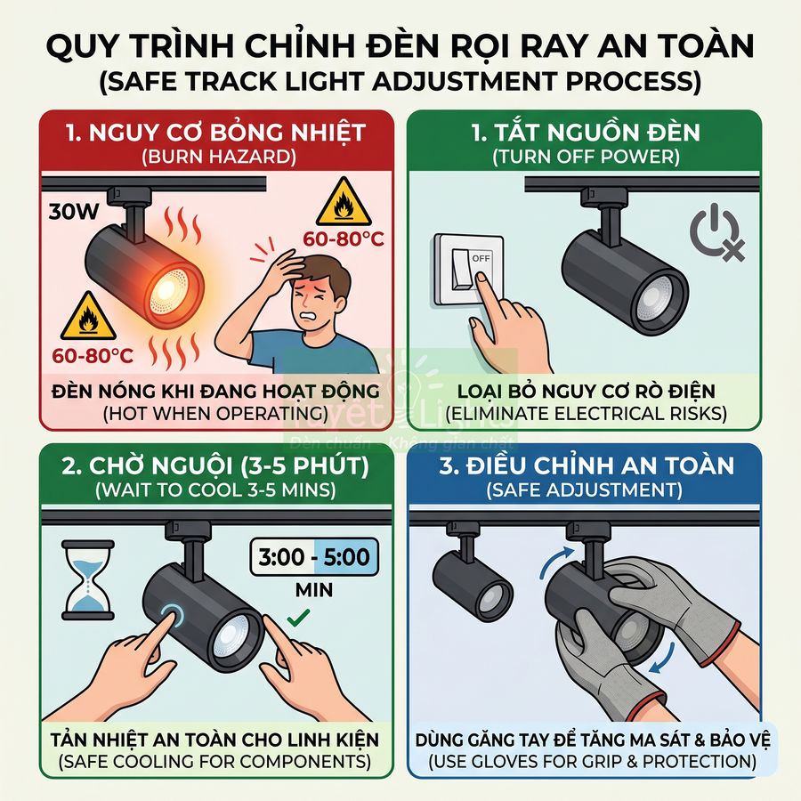 Hướng dẫn quy trình chỉnh đèn rọi ray an toàn, tắt nguồn, chờ nguội và dùng găng tay khi điều chỉnh
