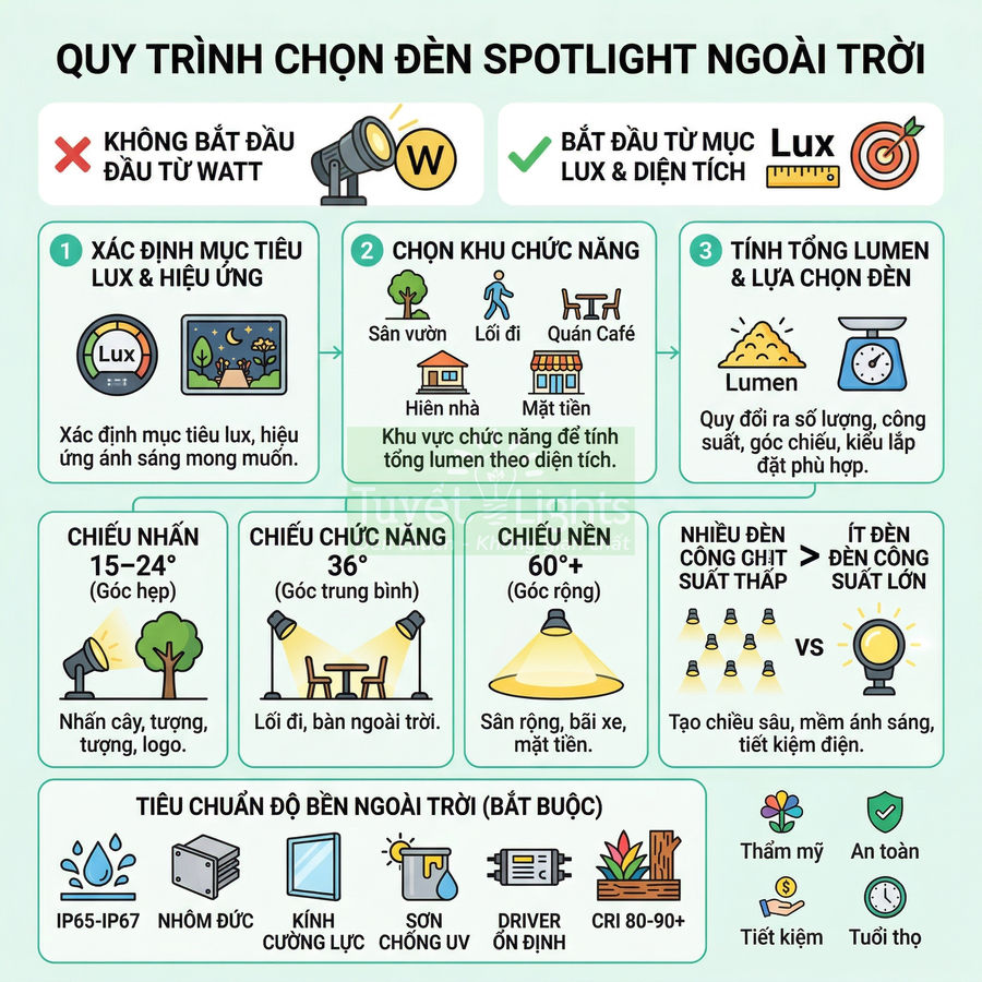 Quy trình chọn đèn spotlight ngoài trời theo lux, lumen, góc chiếu và tiêu chuẩn độ bền IP65-IP67