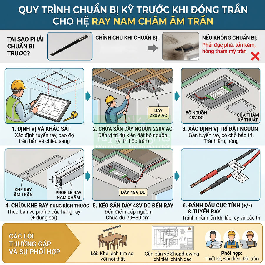 Quy trình chuẩn bị lắp đặt hệ ray nam châm âm trần với dây nguồn, bộ nguồn 48V DC và khe ray chi tiết