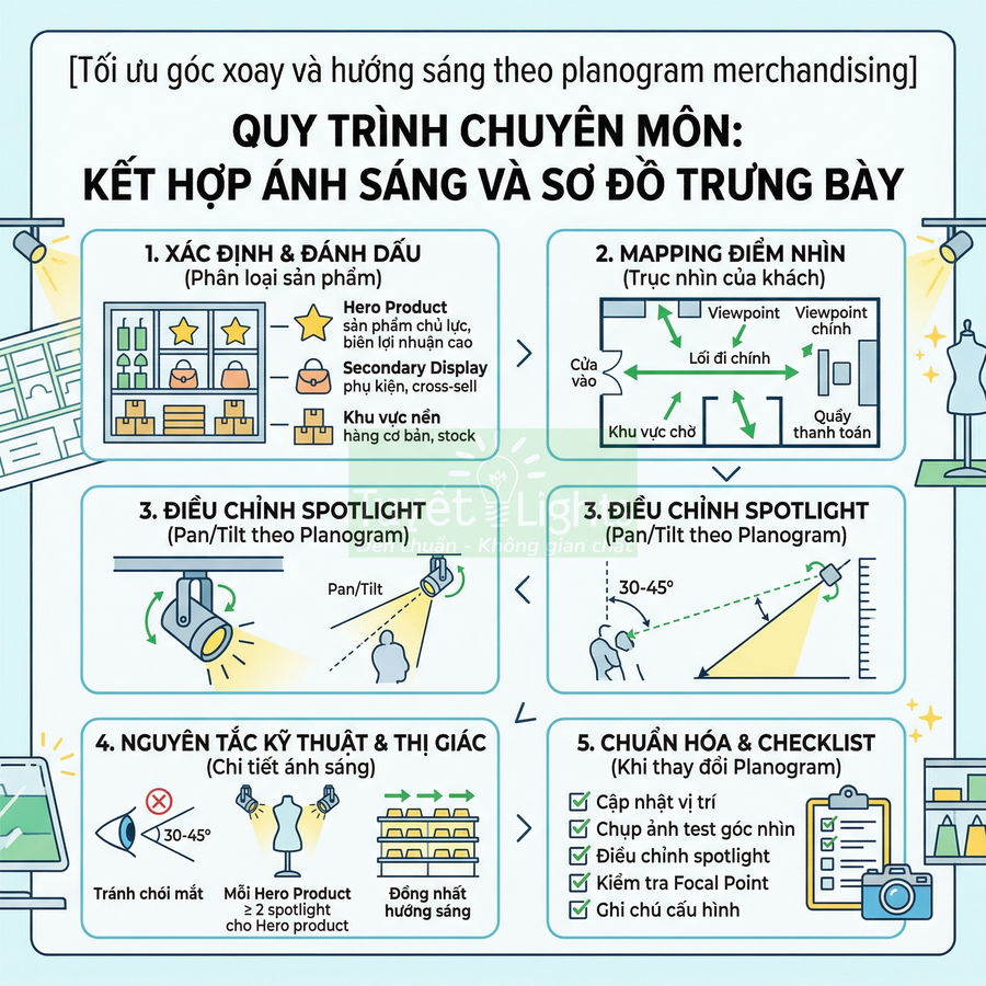 Infographic quy trình kết hợp ánh sáng và sơ đồ trưng bày sản phẩm trong cửa hàng bán lẻ