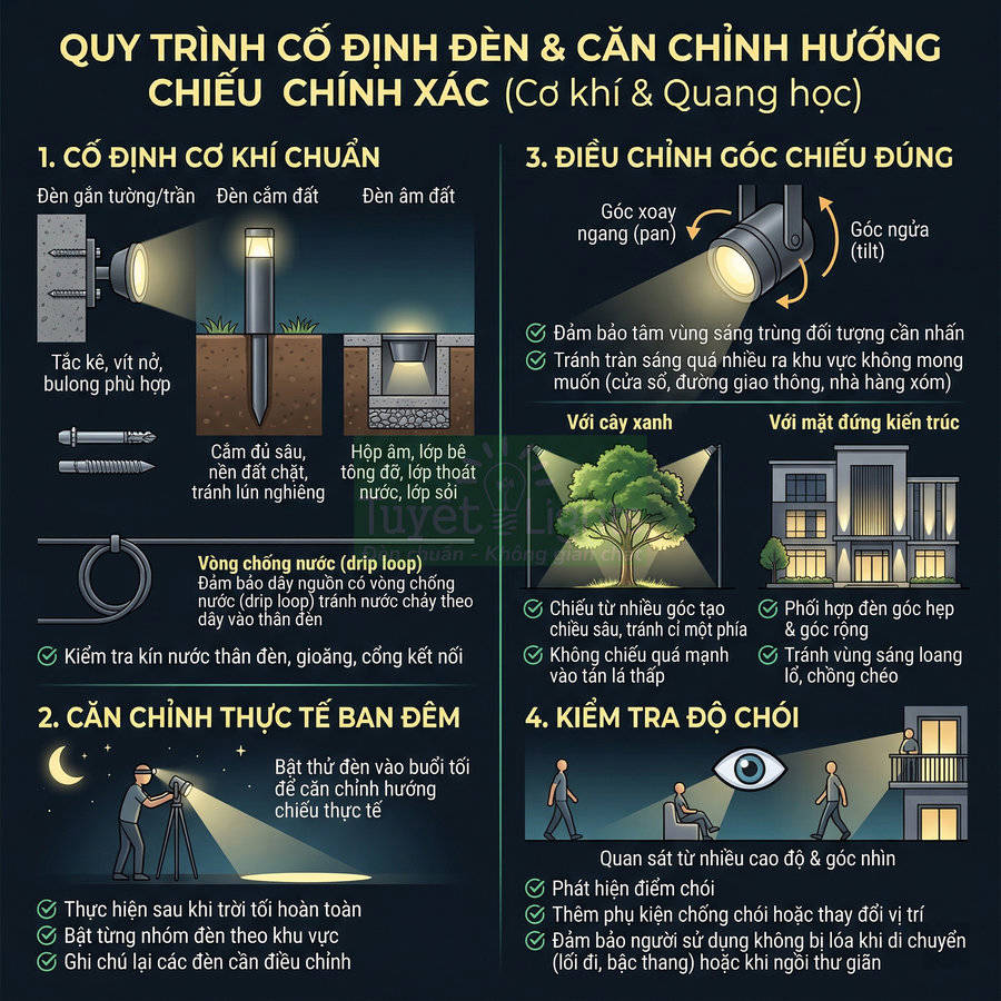 Hướng dẫn cố định và căn chỉnh đèn chiếu sáng ngoài trời đúng kỹ thuật, tránh chói và tập trung ánh sáng hiệu quả