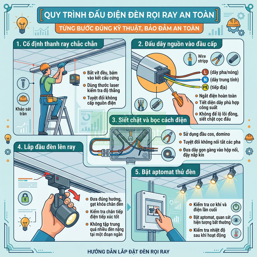 Hướng dẫn quy trình đấu điện và lắp đặt đèn rọi ray an toàn từng bước bằng hình minh họa