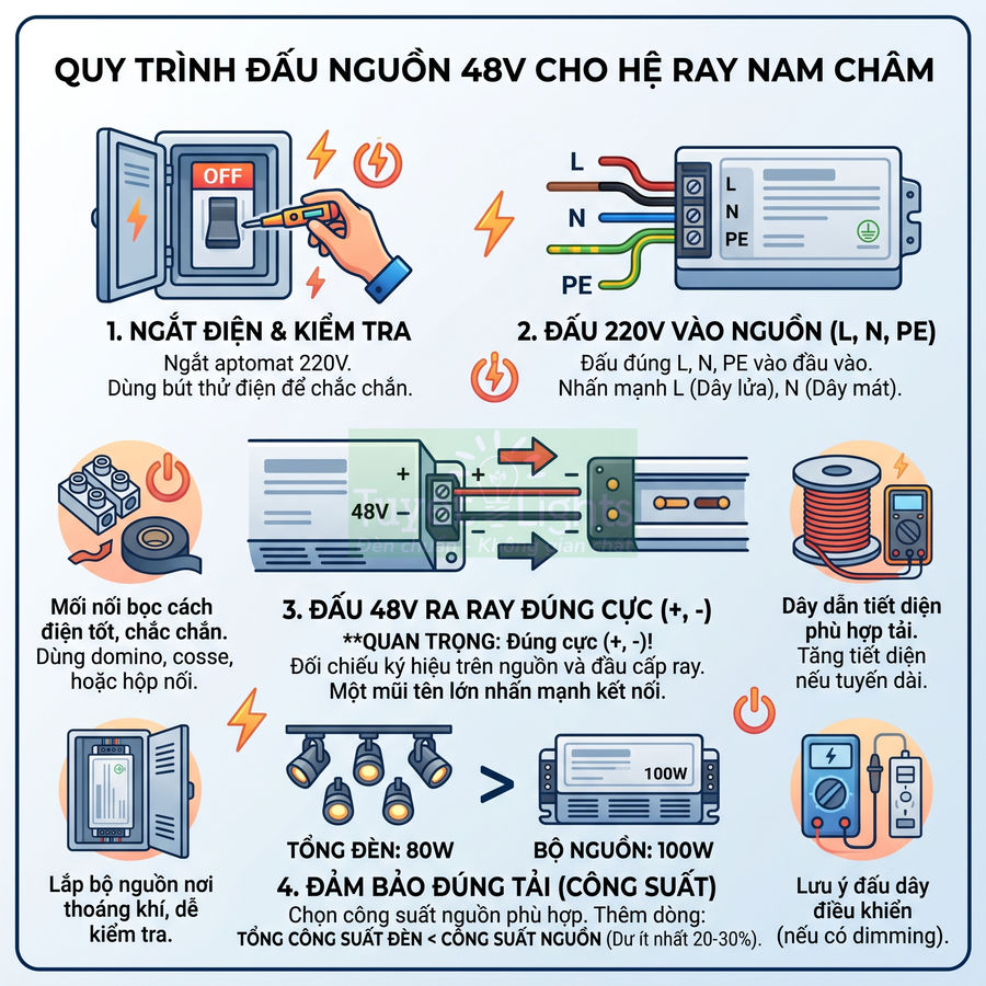 Hướng dẫn đấu nối nguồn 48V cho hệ ray nam châm với sơ đồ dây điện, bộ nguồn và các bước lắp đặt an toàn