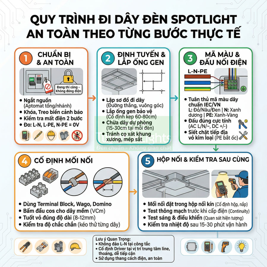 Quy trình đi dây đèn spotlight an toàn từng bước với sơ đồ đấu nối, cố định mối nối và kiểm tra hộp nối điện