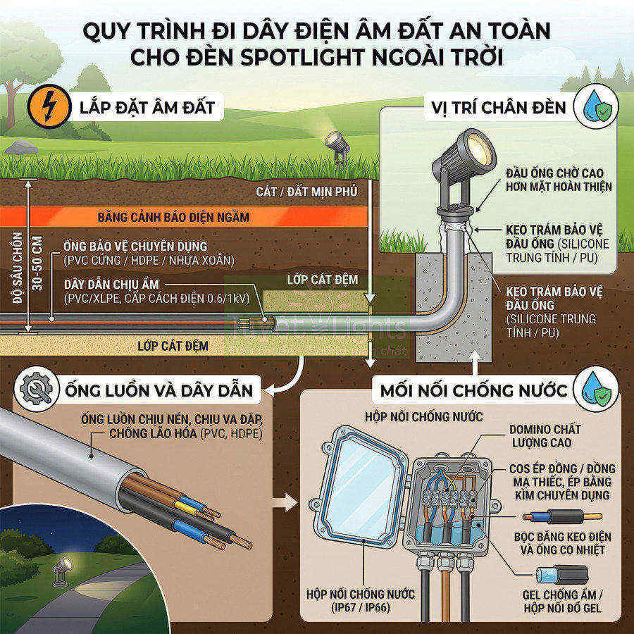 Sơ đồ lắp đặt dây điện âm đất an toàn cho đèn spotlight ngoài trời với ống luồn và mối nối chống nước
