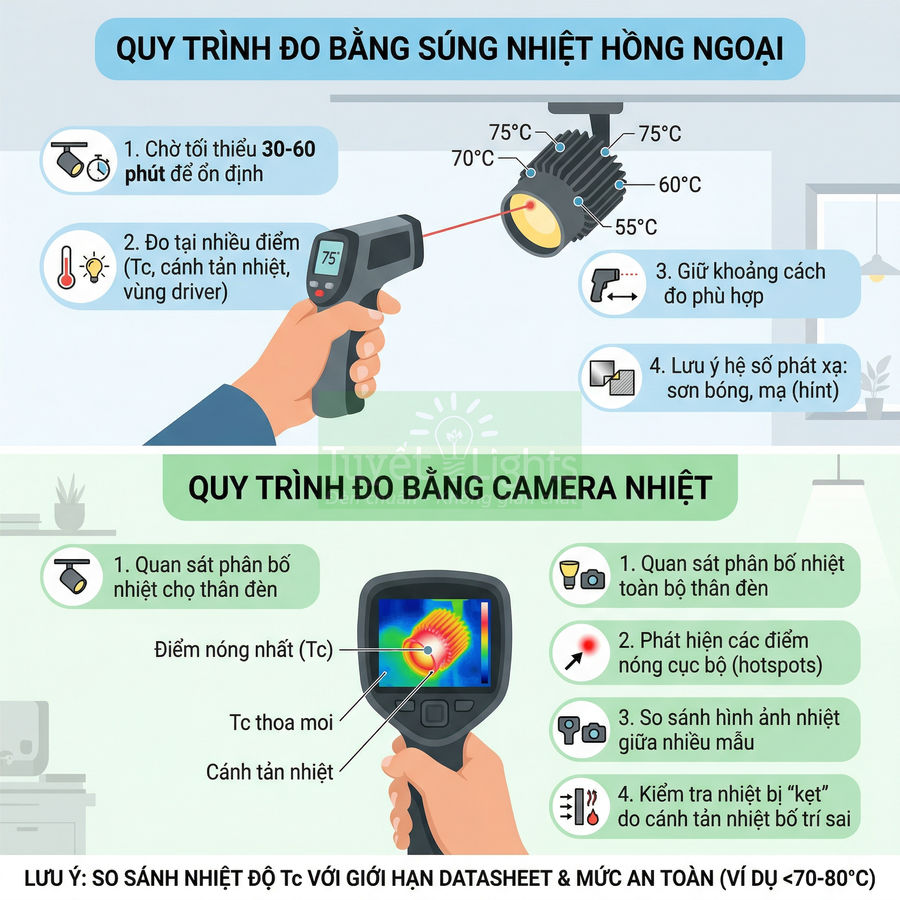 Hướng dẫn đo nhiệt độ đèn LED bằng súng nhiệt hồng ngoại và camera nhiệt, minh họa tay cầm thiết bị đo