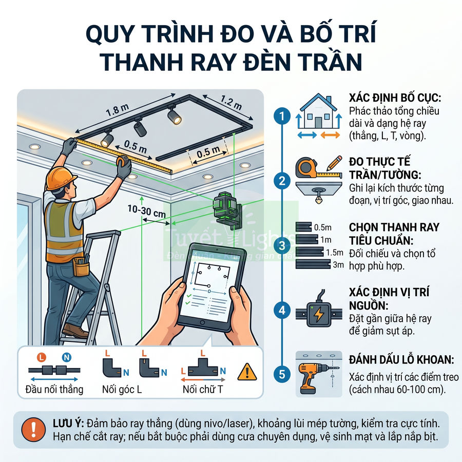 Quy trình đo và lắp đặt thanh ray đèn trần với thợ thi công và hướng dẫn chi tiết trên hình vẽ