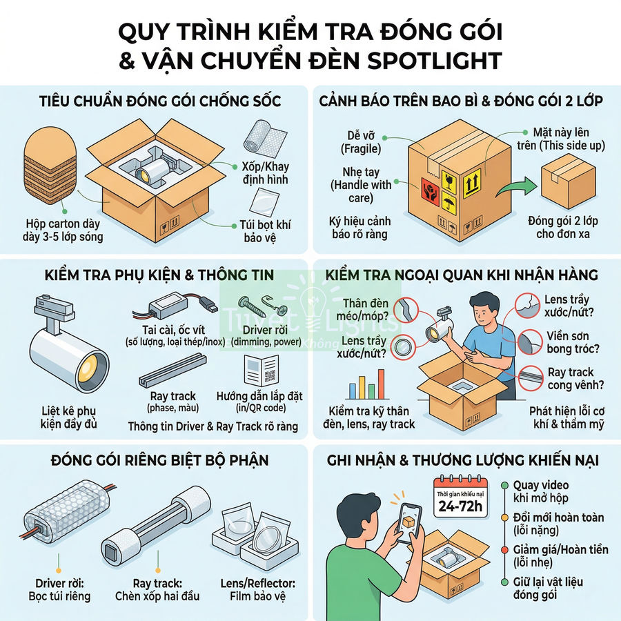 Quy trình kiểm tra đóng gói và vận chuyển đèn spotlight, phụ kiện và hướng dẫn bảo vệ sản phẩm