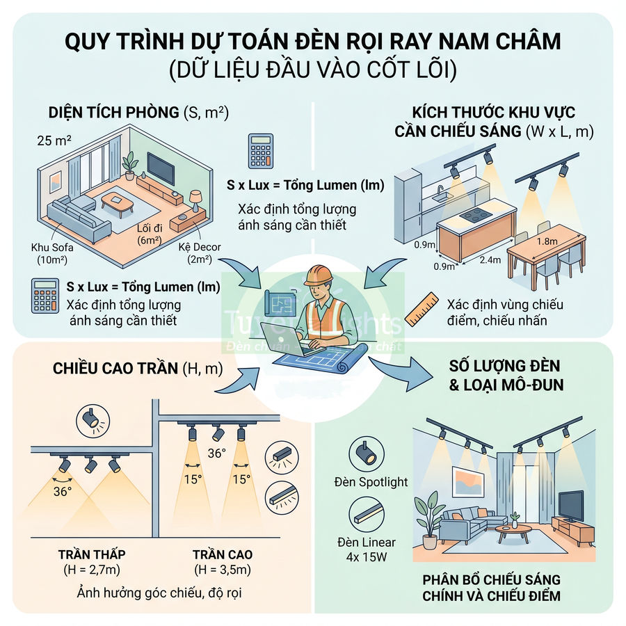 Quy trình tính toán và bố trí đèn rọi ray nam châm cho phòng khách, minh họa diện tích, chiều cao trần và số lượng đèn