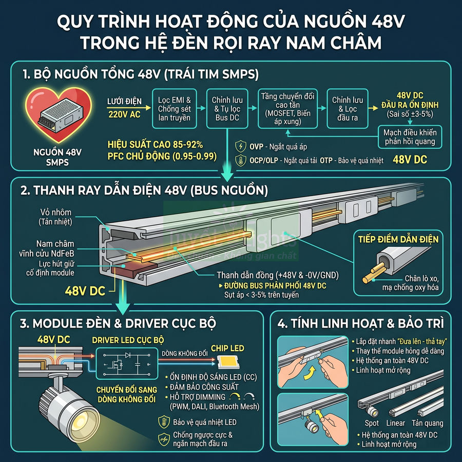 Sơ đồ quy trình hoạt động nguồn 48V cho hệ đèn rọi ray nam châm với bộ nguồn, thanh ray và module đèn