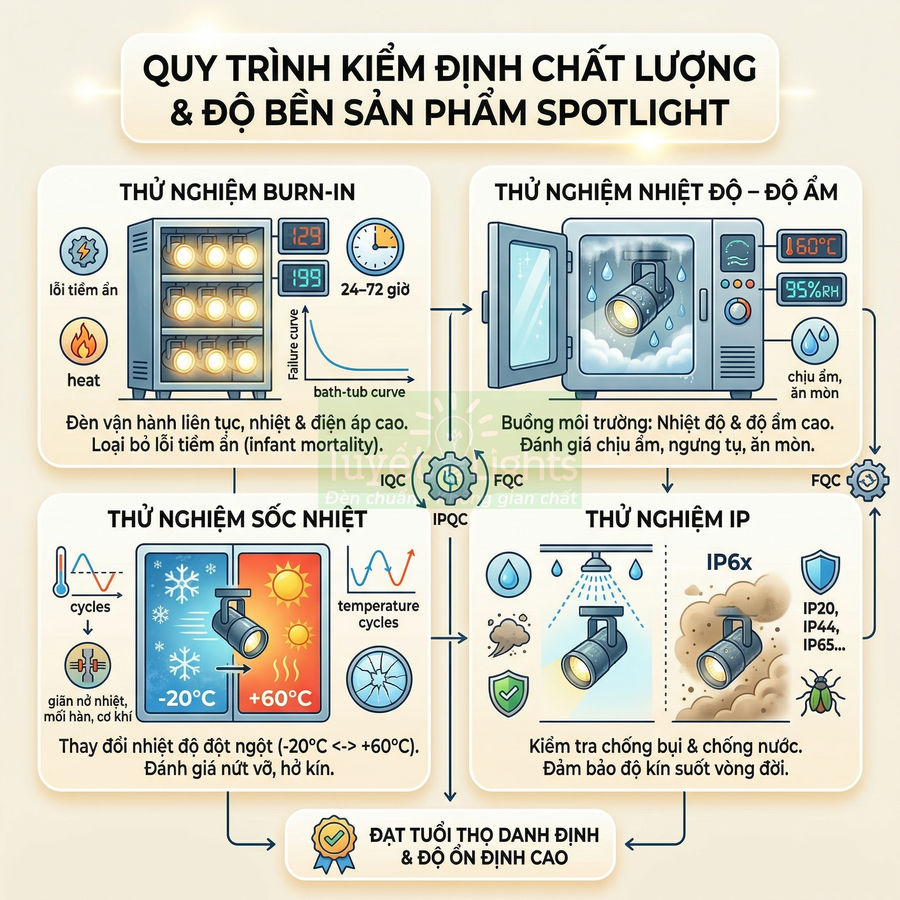 Quy trình kiểm định chất lượng và độ bền đèn spotlight với các thử nghiệm nhiệt, ẩm, sốc nhiệt và chống nước IP
