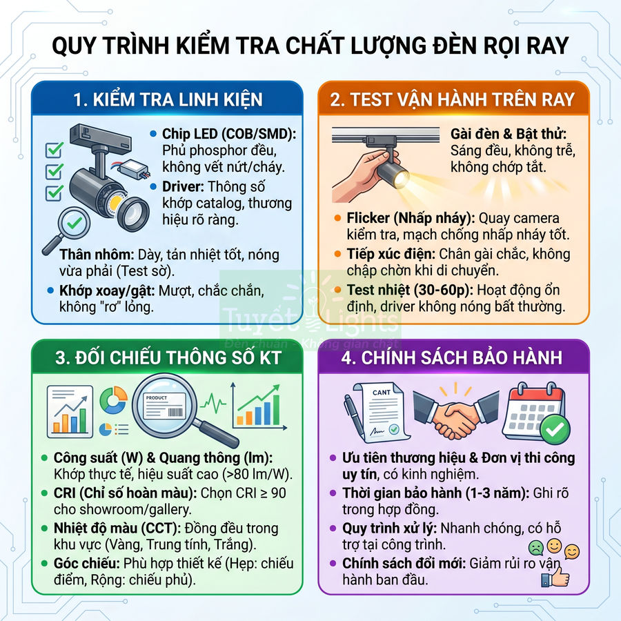 Quy trình kiểm tra chất lượng đèn rọi ray LED chi tiết từ linh kiện, vận hành, thông số kỹ thuật đến chính sách bảo hành