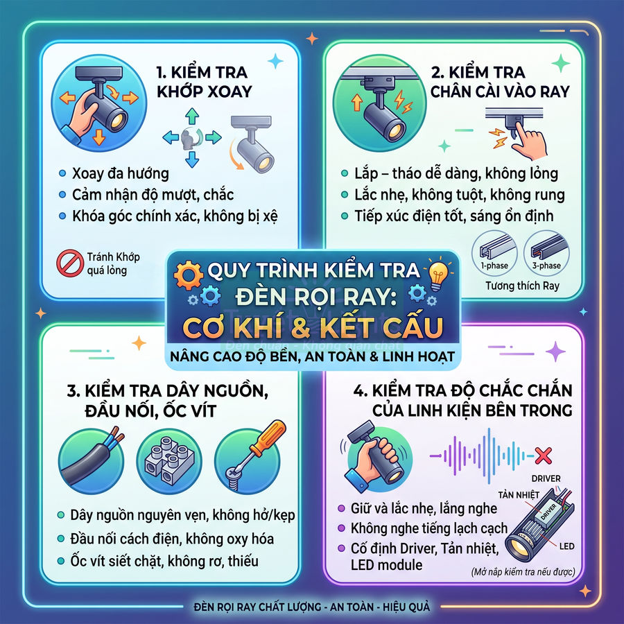 Quy trình kiểm tra cơ khí và kết cấu đèn rọi ray để đảm bảo độ bền và an toàn khi sử dụng