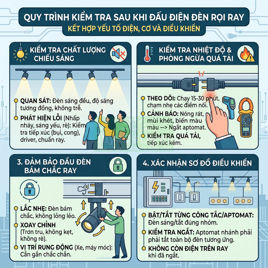 Quy trình kiểm tra sau khi đấu điện đèn rọi ray, đảm bảo chất lượng chiếu sáng và an toàn vận hành