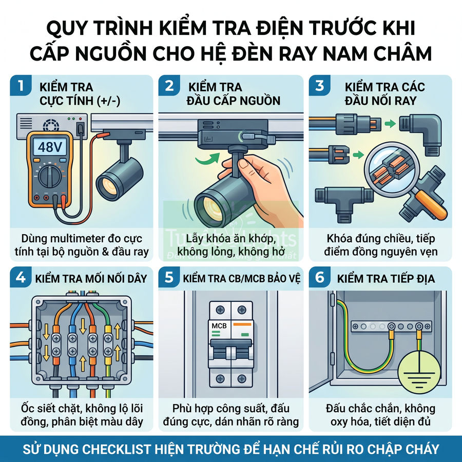 Quy trình kiểm tra điện an toàn trước khi cấp nguồn cho hệ đèn ray nam châm, minh họa từng bước chi tiết