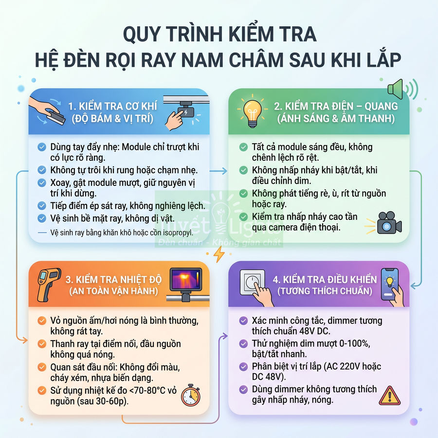 Quy trình kiểm tra hệ đèn rọi ray nam châm sau khi lắp với các bước cơ khí, điện quang, nhiệt độ, điều khiển