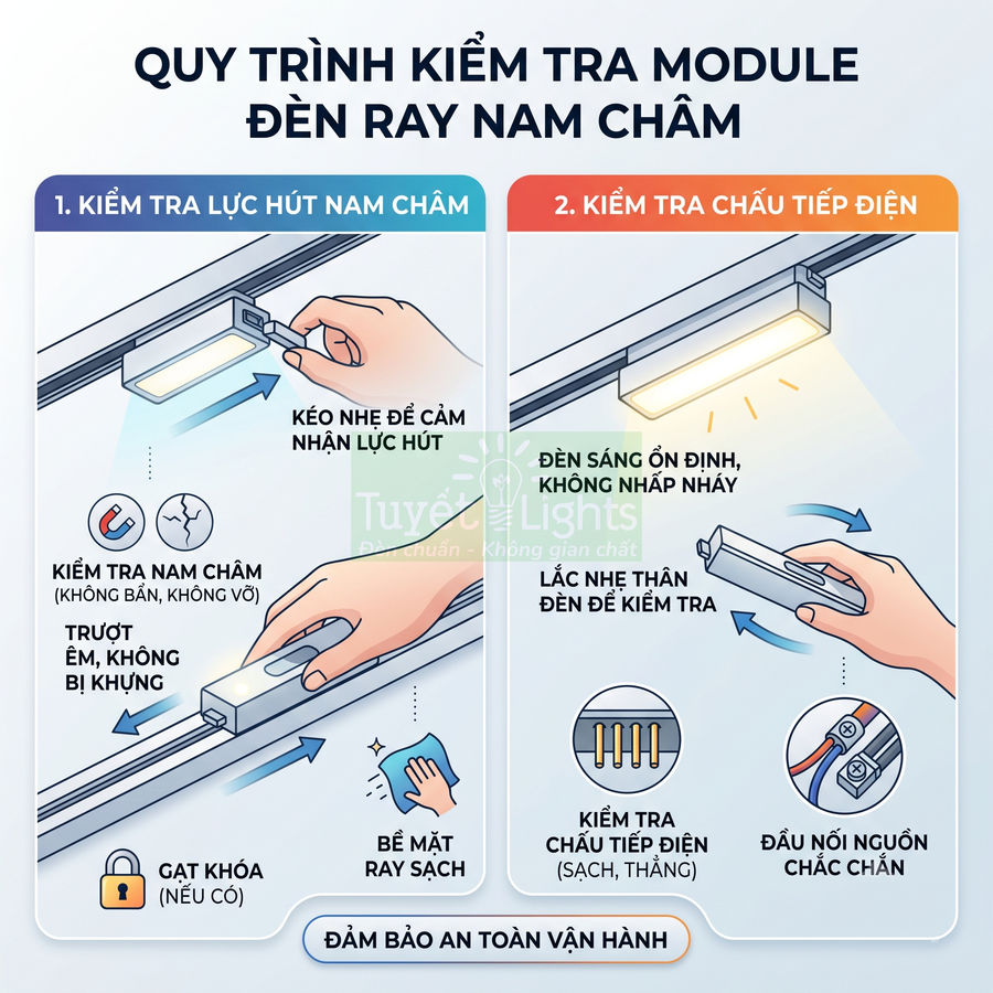 Quy trình kiểm tra module đèn ray nam châm Tuyết Lights với hướng dẫn kiểm tra lực hút và chấu tiếp điện