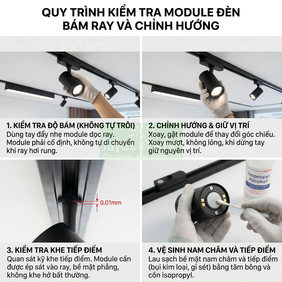 Hướng dẫn kiểm tra và chỉnh hướng module đèn rọi bám ray trên trần nhà