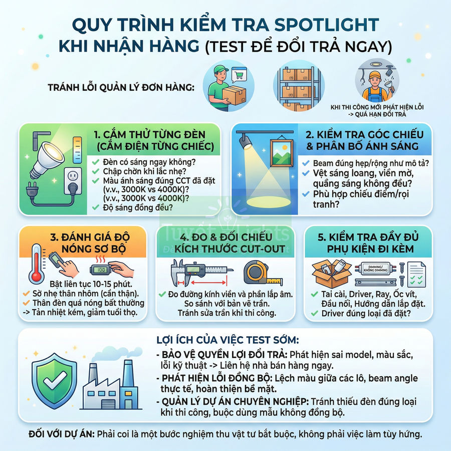 Quy trình kiểm tra đèn spotlight khi nhận hàng với các bước test và lưu ý đổi trả sớm