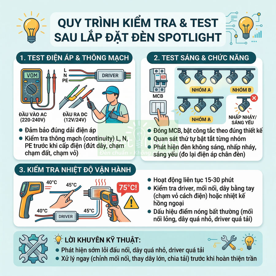 Quy trình kiểm tra và test sau lắp đặt đèn spotlight với hướng dẫn đo điện áp, test sáng và kiểm tra nhiệt độ vận hành