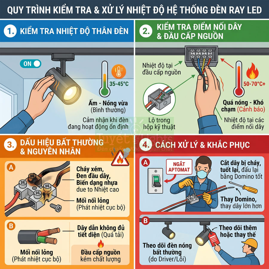 Quy trình kiểm tra và xử lý nhiệt độ hệ thống đèn ray LED, hướng dẫn nhận biết và khắc phục quá nhiệt