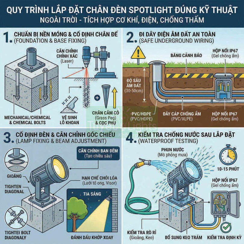 Quy trình lắp đặt chân đèn spotlight ngoài trời chống thấm với đi dây ngầm và kiểm tra phun nước