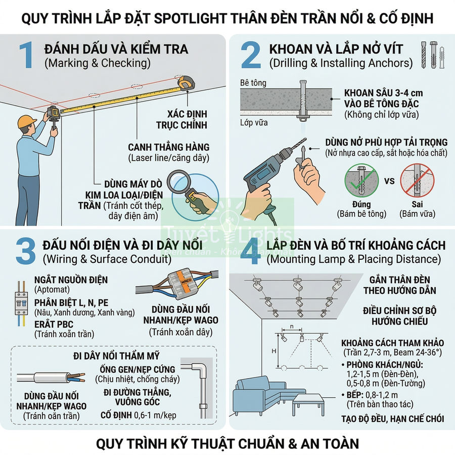 Quy trình lắp đặt đèn spotlight thân nổi trên trần nhà với hướng dẫn khoan, đi dây và bố trí khoảng cách an toàn
