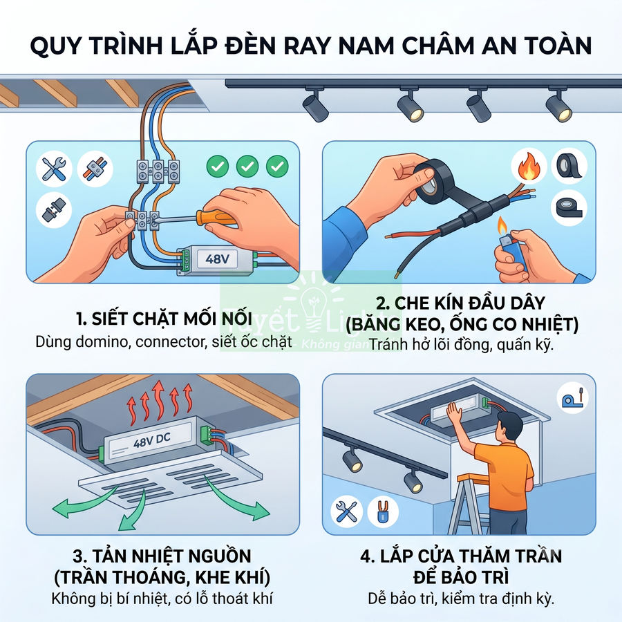Hướng dẫn lắp đặt đèn ray nam châm an toàn với các bước siết nối dây, bọc cách điện, tản nhiệt và lắp cửa thăm trần