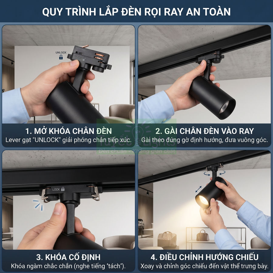 Hướng dẫn lắp đặt và điều chỉnh đèn rọi ray màu đen trên trần nhà hiện đại