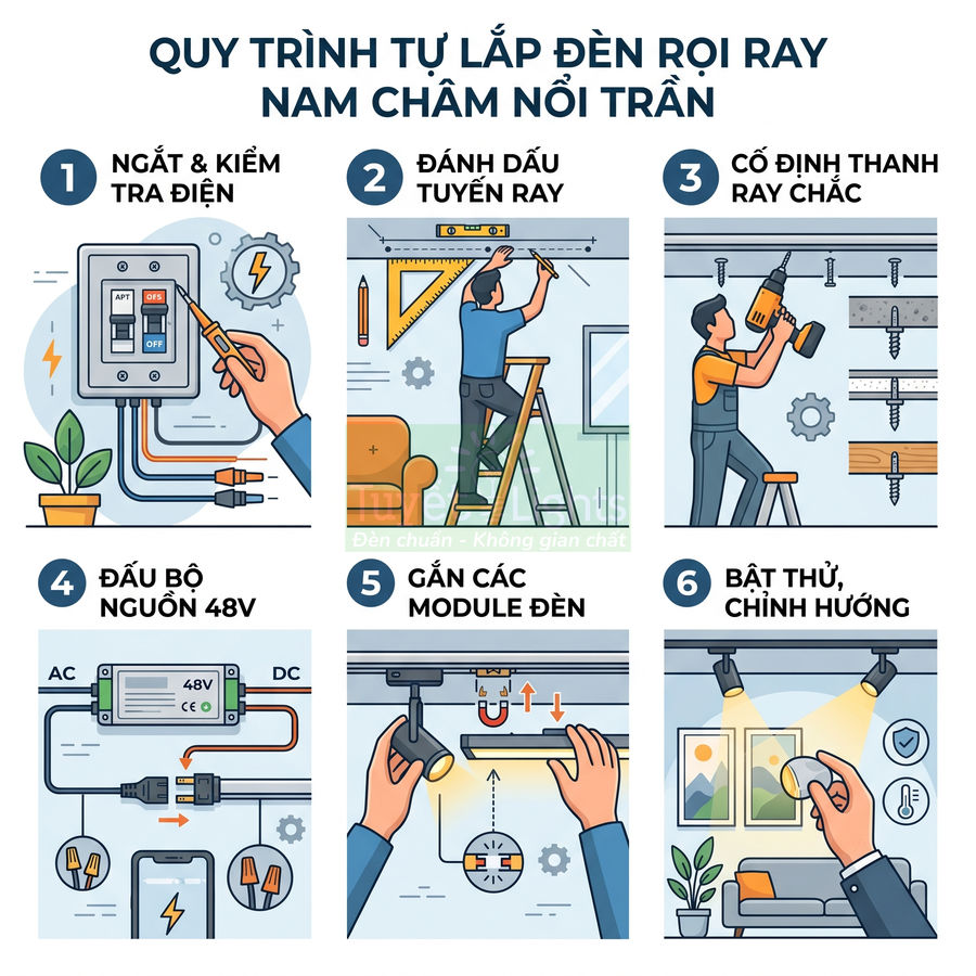 Quy trình tự lắp đèn rọi ray nam châm nổi trần từng bước bằng hình minh họa