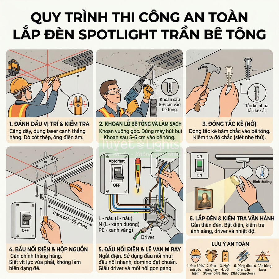 Quy trình lắp đặt an toàn đèn spotlight trần bê tông với hướng dẫn từng bước minh họa chi tiết