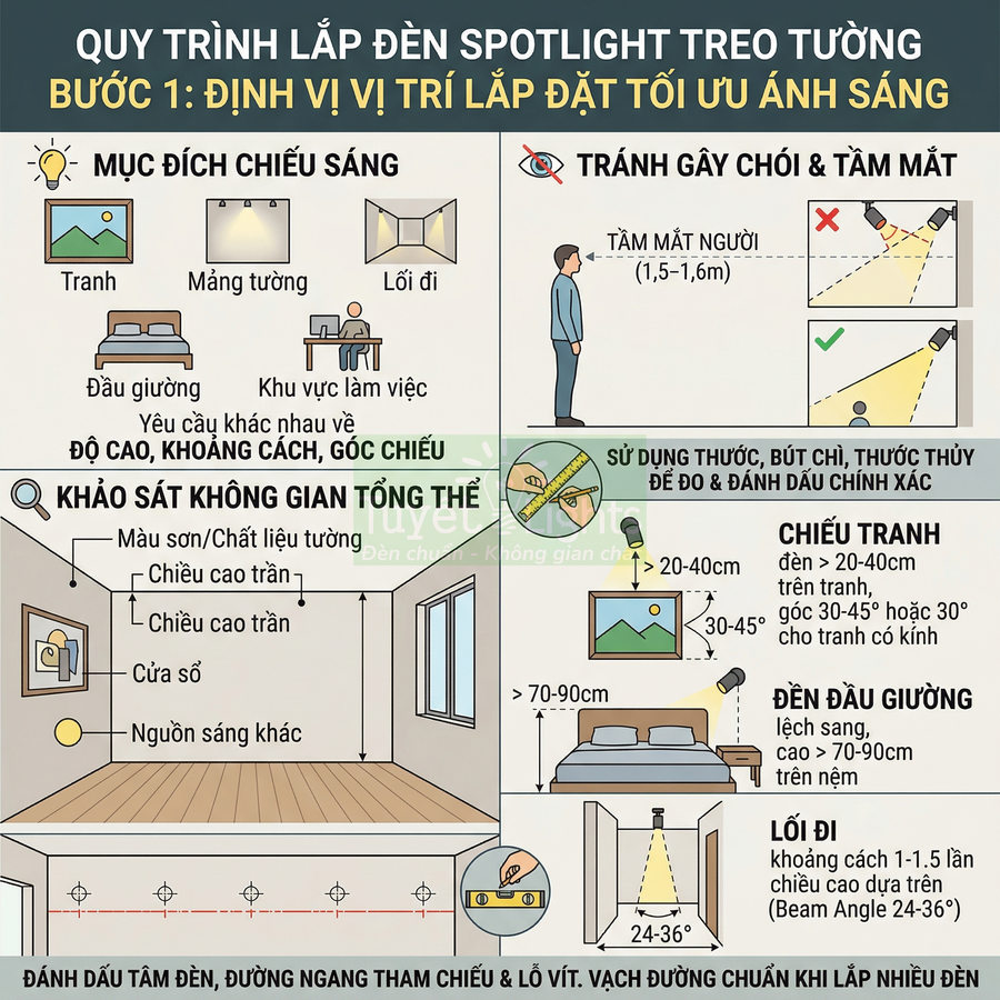 Hướng dẫn lắp đặt đèn spotlight treo tường tối ưu ánh sáng cho tranh, đầu giường, lối đi và khu vực làm việc