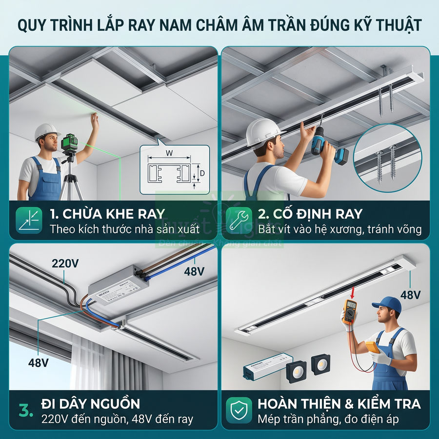 Quy trình lắp đặt ray nam châm âm trần và đi dây nguồn 48V cho hệ thống đèn chiếu sáng