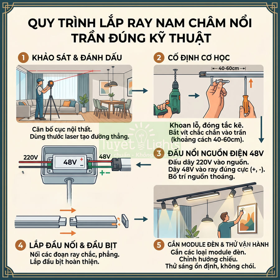 Quy trình lắp đặt ray đèn nam châm nổi trần 48V và gắn module đèn chiếu sáng phòng khách