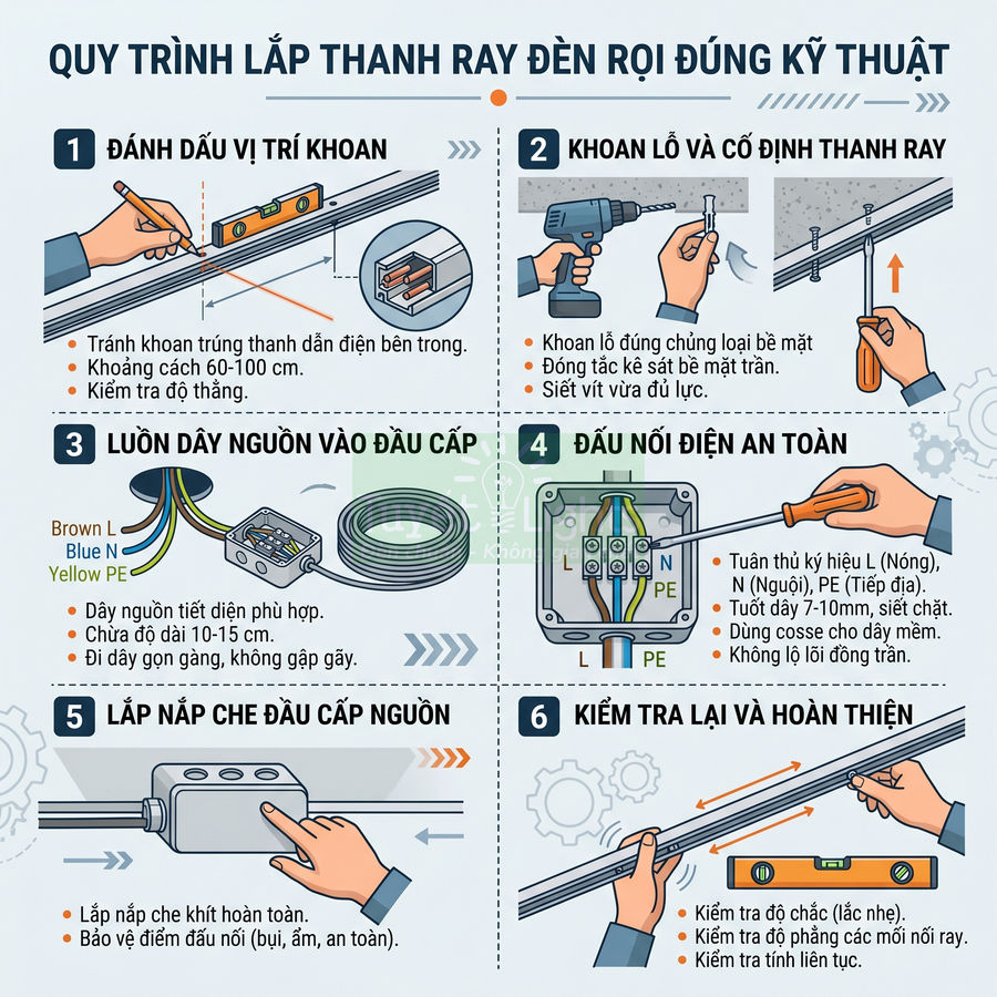 Hướng dẫn lắp đặt thanh ray đèn rọi kỹ thuật với các bước khoan, đi dây và đấu nối điện an toàn