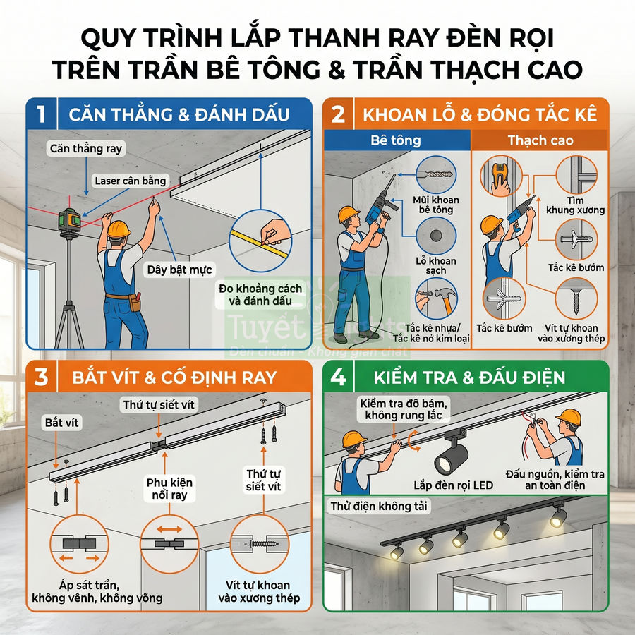 Quy trình lắp thanh ray đèn rọi LED trên trần bê tông và trần thạch cao từng bước chi tiết