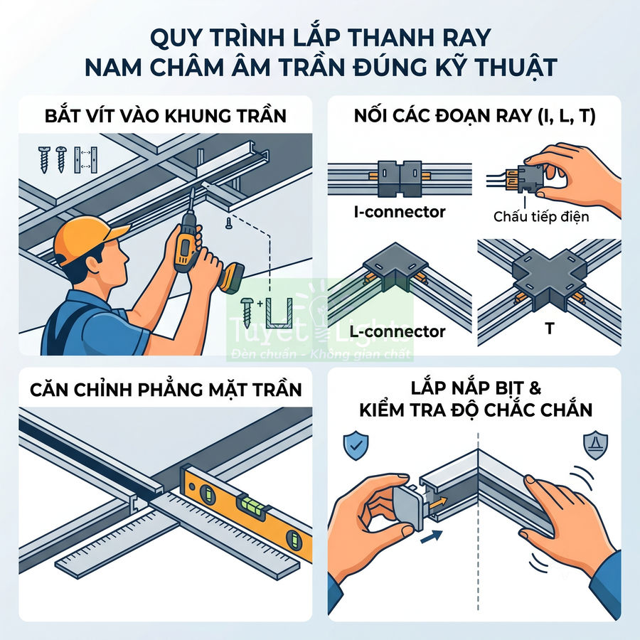 Hướng dẫn lắp đặt thanh ray nam châm âm trần với các bước bắt vít, nối ray, căn chỉnh và kiểm tra chắc chắn