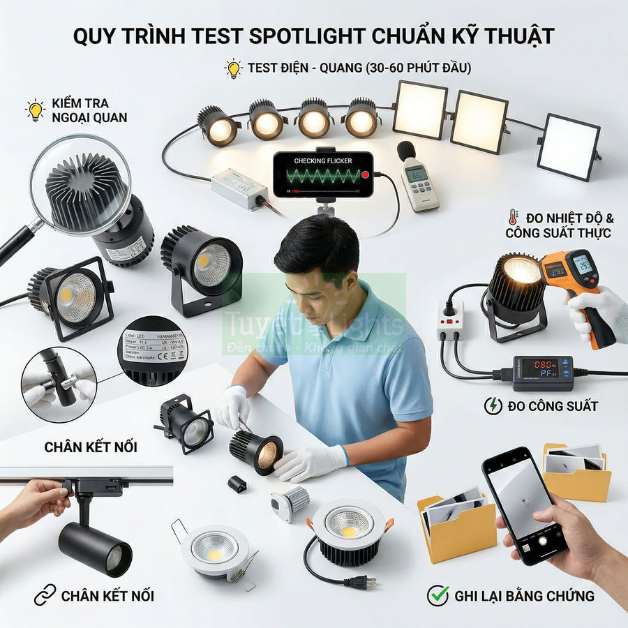 Quy trình kiểm tra kỹ thuật đèn spotlight LED, đo công suất, nhiệt độ và kiểm tra ngoại quan sản phẩm