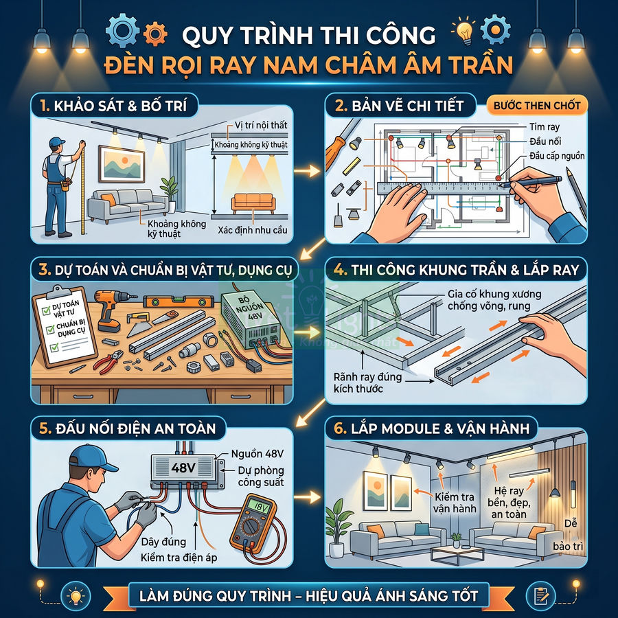 Quy trình thi công đèn rọi ray nam châm âm trần từ A-Z