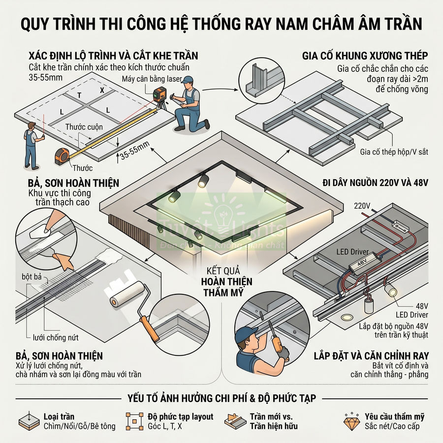 Quy trình thi công hệ thống ray nam châm âm trần cho trần thạch cao với các bước lắp đặt chi tiết