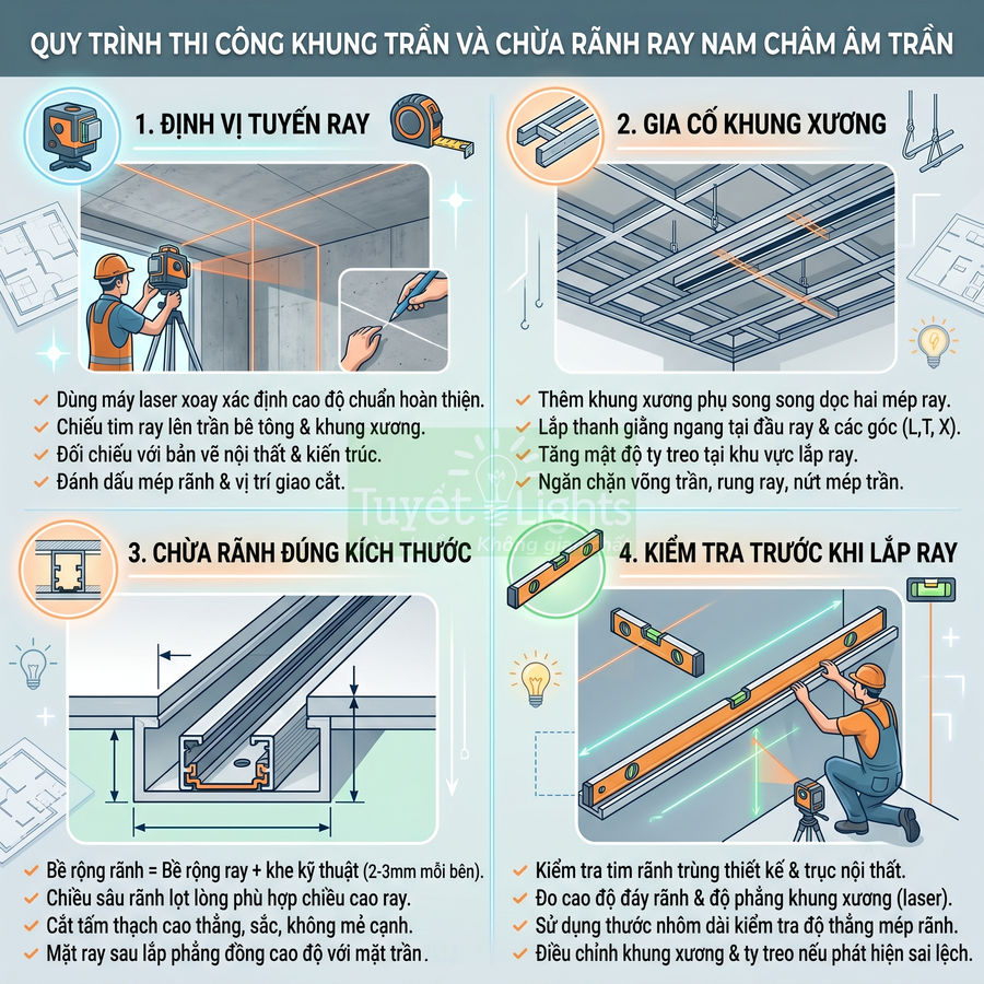 Quy trình thi công khung trần và chừa rãnh ray nam châm âm trần với hướng dẫn chi tiết bằng hình minh họa