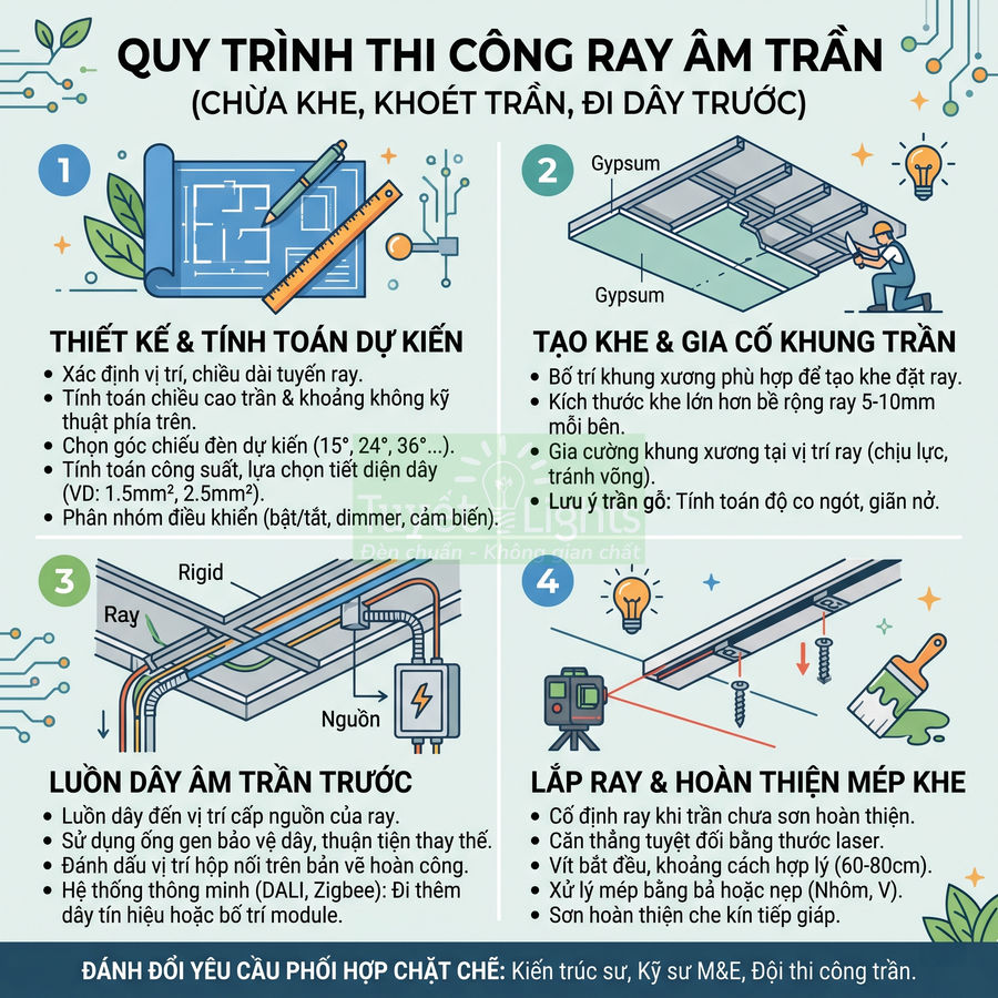 Quy trình thi công ray âm trần với các bước thiết kế, tạo khe, luồn dây và lắp ray hoàn thiện