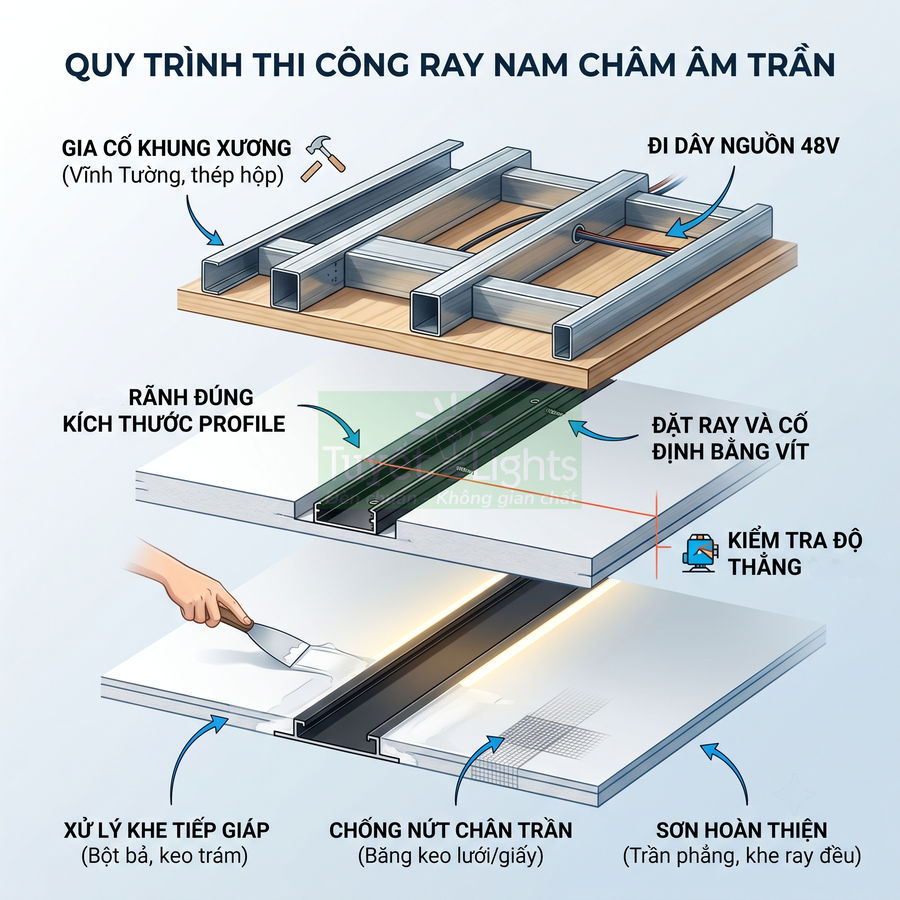 Quy trình thi công ray nam châm âm trần với khung xương, đặt ray, xử lý khe tiếp giáp và sơn hoàn thiện