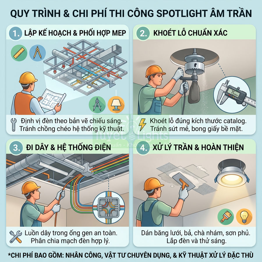 Quy trình thi công đèn spotlight âm trần gồm lập kế hoạch, khoét lỗ, đi dây điện và hoàn thiện lắp đặt