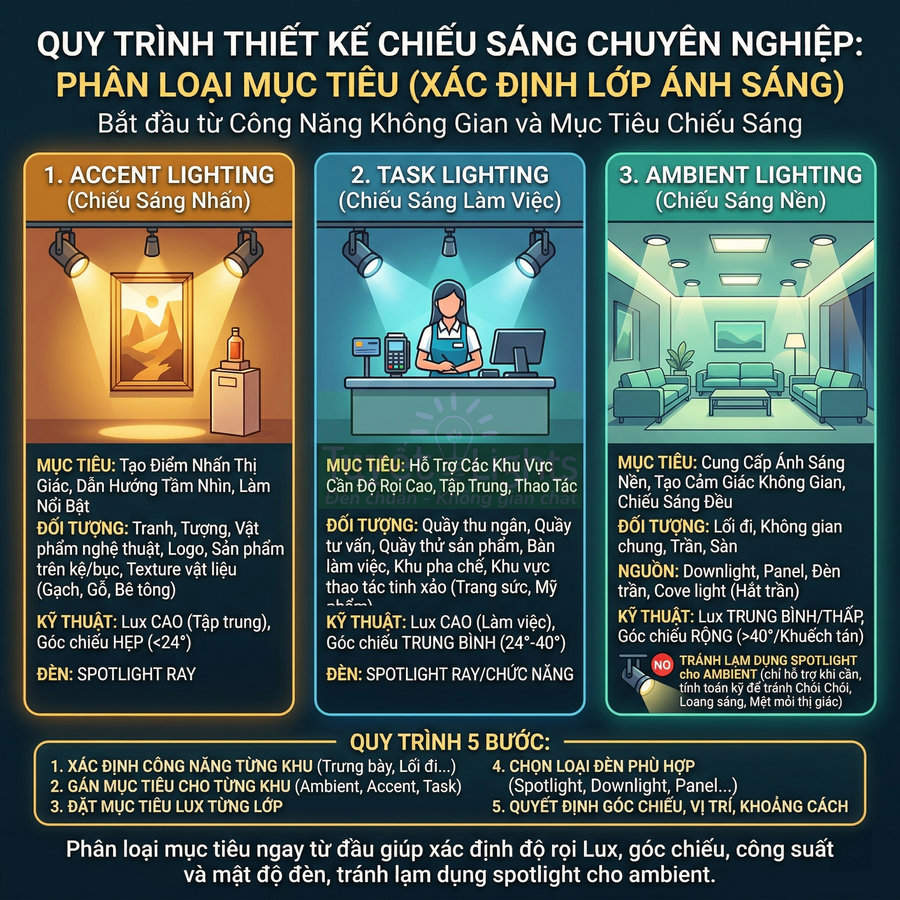 Quy trình thiết kế chiếu sáng chuyên nghiệp với ba loại ánh sáng accent, task và ambient cho không gian nội thất