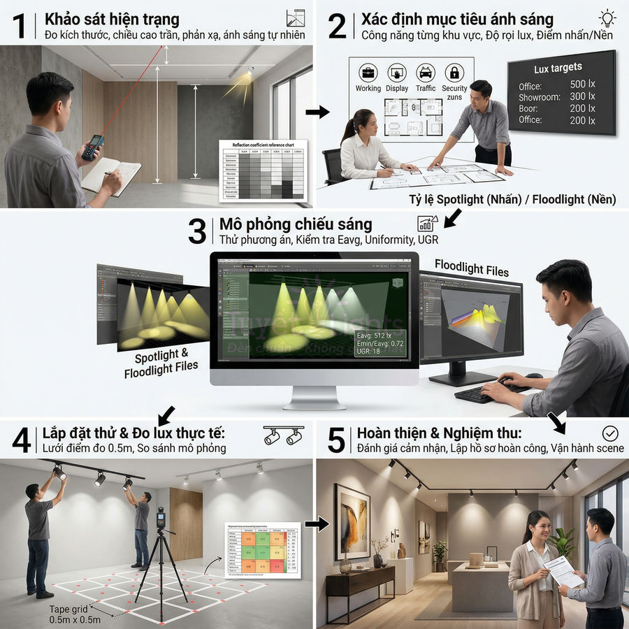 Quy trình thiết kế và lắp đặt hệ thống đèn chiếu sáng nội thất chuyên nghiệp trong nhà